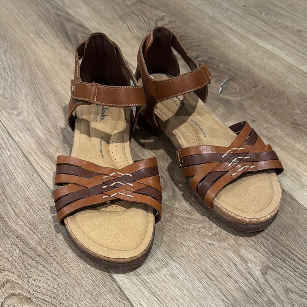 Clarks Collection Ultimate Comfort Sandals Strappy Brown Leather Size 9.5